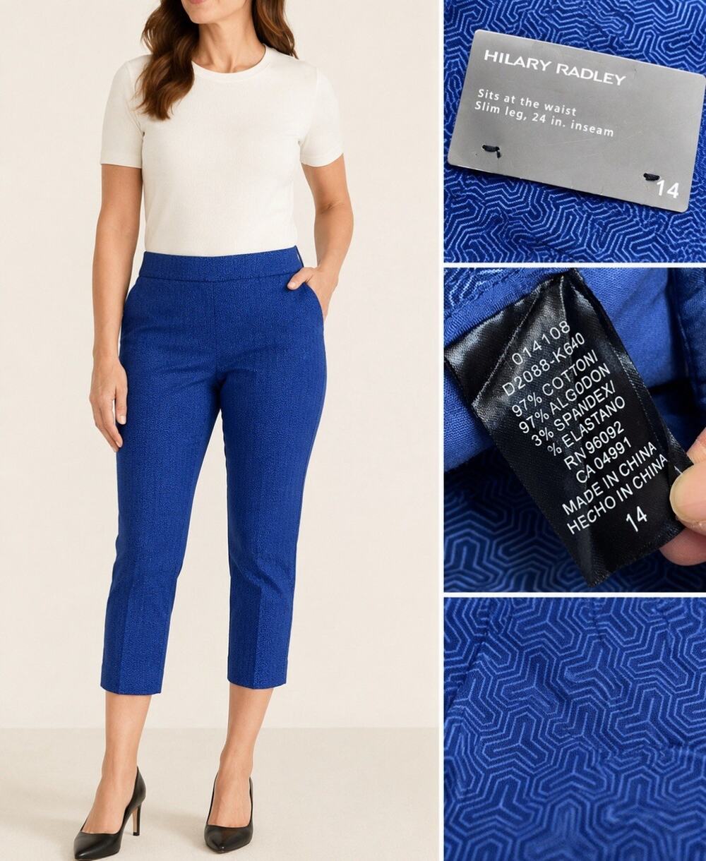 NWT Hilary Radley Women's Slim Leg Cropped Pants Size 14 Blue Geometric Print